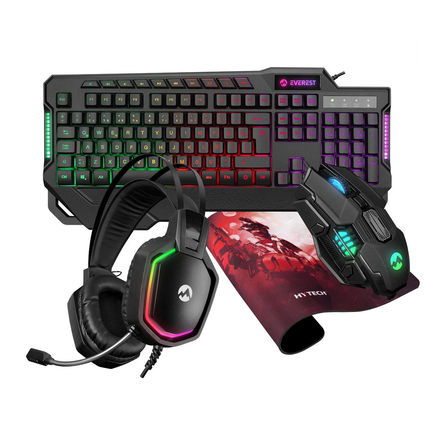 Everest KM-R44 COMRADE Black Usb Gaming Led Keyboard Q Oyuncu Multimedia + Headset + Mouse + Mousepad